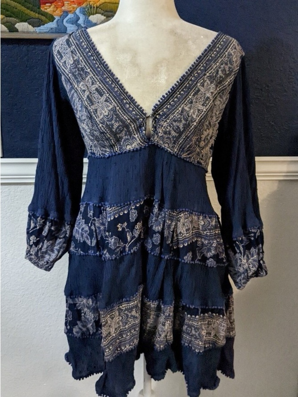 Free People Navy Floral V-Neck Tiered Women's Dress